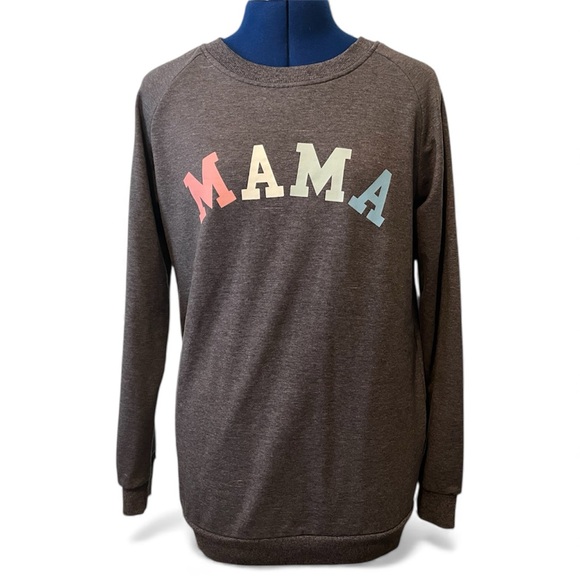 Sweaters - Gray 'MAMA' Crew Neck Sweatshirt in Raglan Style Cotton Blend | Size S Small